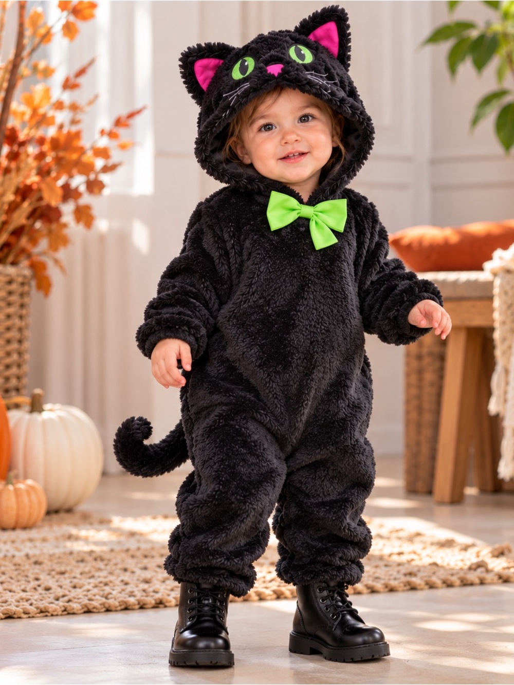 NWT Baby Black Cat Halloween Costume 6-12 Months Plush Hooded Jumpsuit